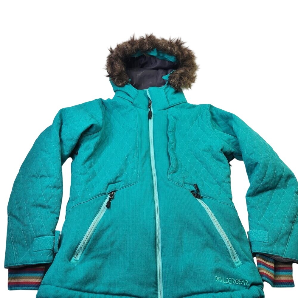Boulder Gear Girls Teal Quilted Ski Jacket Faux Fur Hood Size M 9319R READ